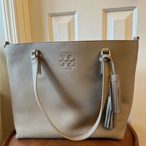 Tory Burch Pebbled Leather Tote in Taupe with Tassel